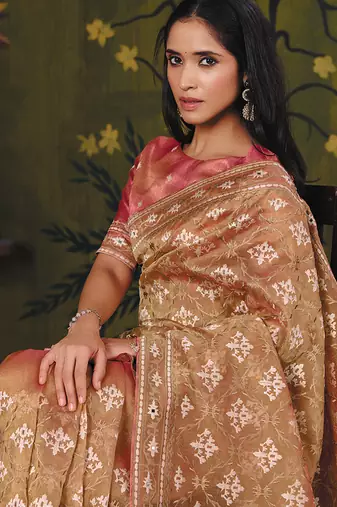 beige satin multi thread embroidery with mirror hand work party wear saree