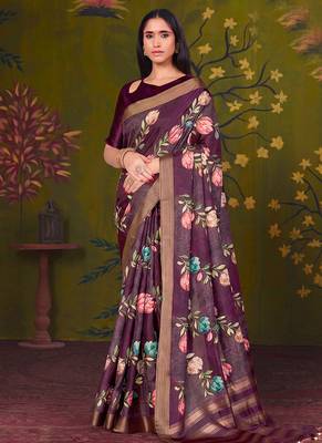 wine tussar printed party wear saree 1