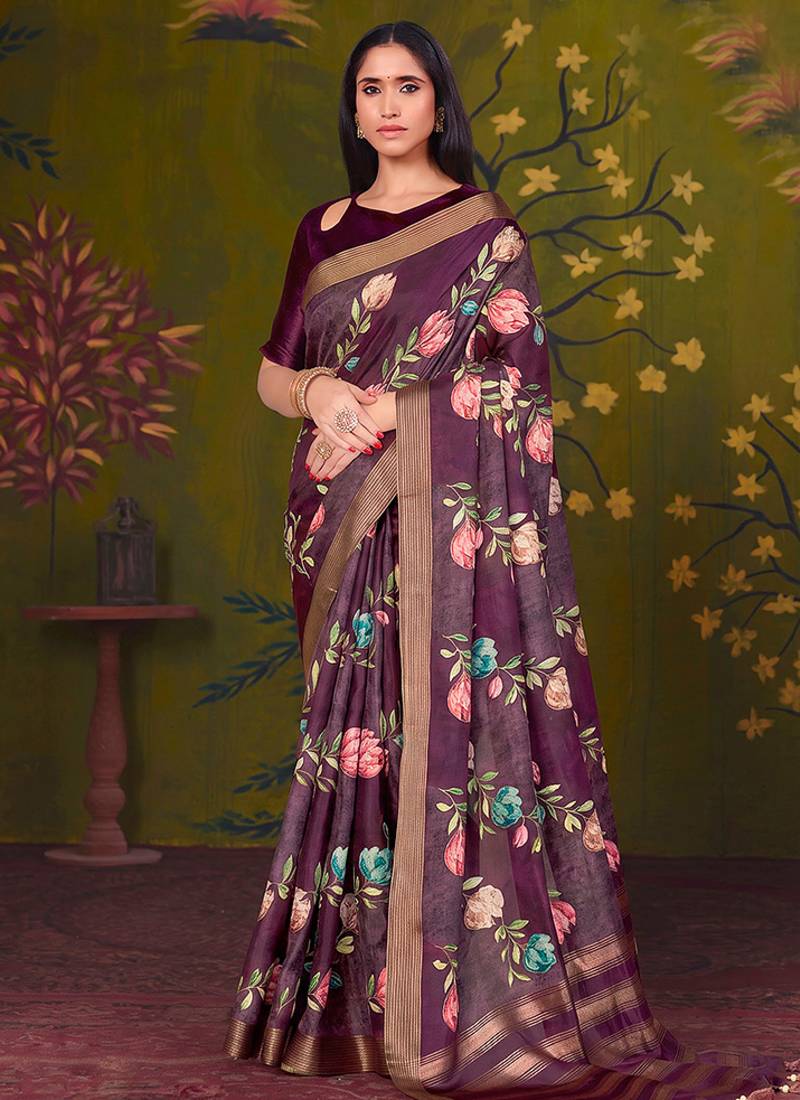 wine tussar printed party wear saree