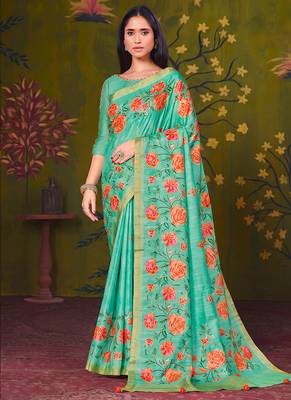 turquoise tussar printed party wear saree 1