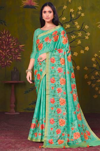 turquoise tussar printed party wear saree