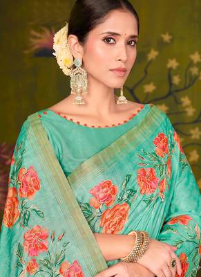 turquoise tussar printed party wear saree 2