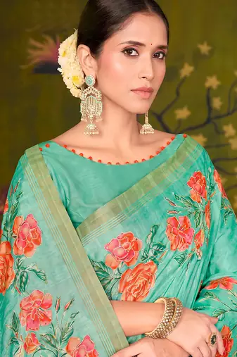 turquoise tussar printed party wear saree