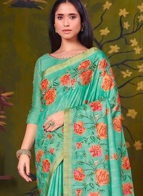 turquoise tussar printed party wear saree 3