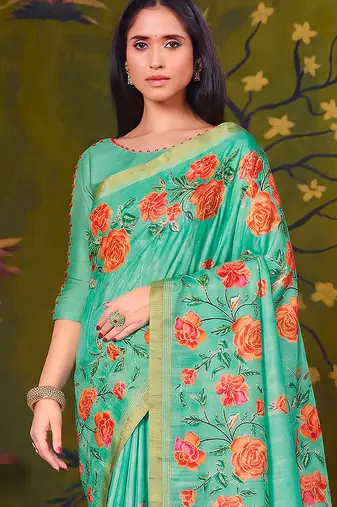 turquoise tussar printed party wear saree