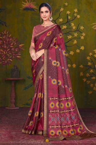 maroon tussar printed party wear saree