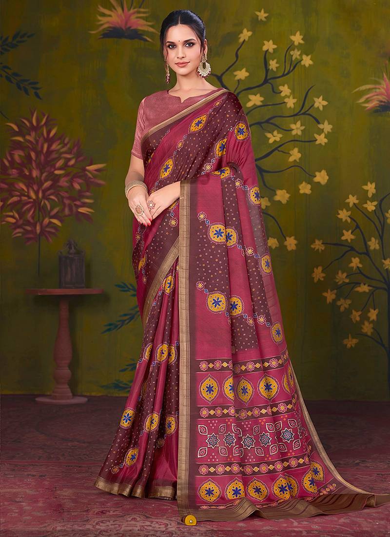 maroon tussar printed party wear saree