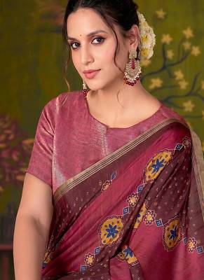 maroon tussar printed party wear saree 2