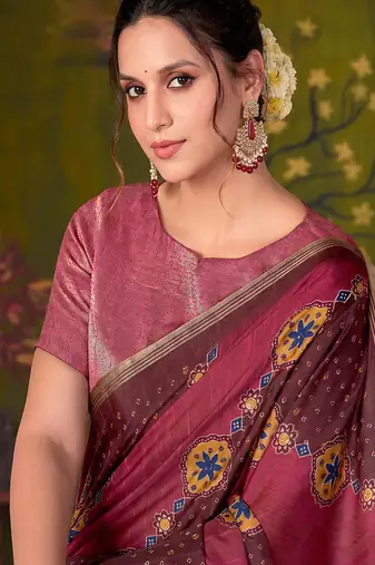 maroon tussar printed party wear saree
