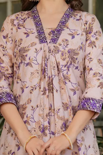 Beige & purple floral printed pure cotton a-line kurta pant set with chanderi cotton dupatta
