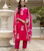 Pink printed rayon kurta pant set with printed chanderi cotton dupatta