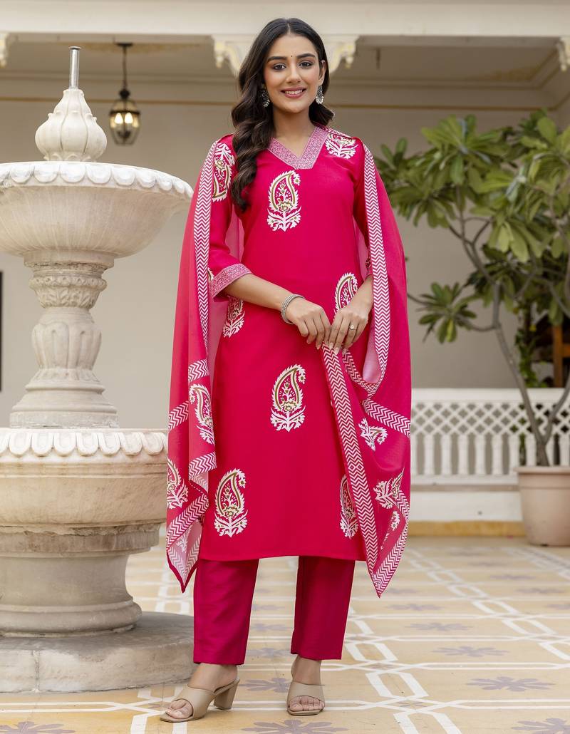 Pink printed rayon kurta pant set with printed chanderi cotton dupatta