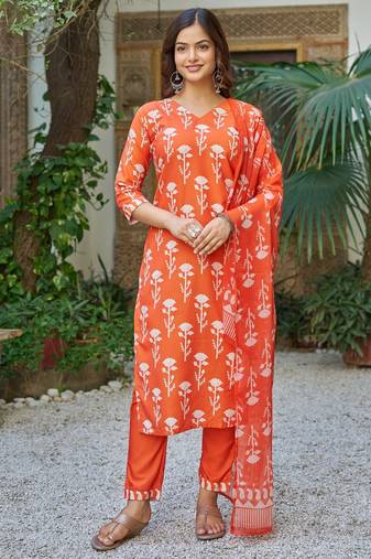 Orange printed cotton blend kurta pant set with printed faux georgette dupatta