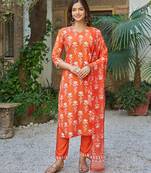 Orange printed cotton blend kurta pant set with printed faux georgette dupatta