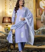 Purple printed rayon kurta pant set with printed chanderi cotton dupatta