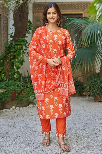 Orange printed cotton blend kurta pant set with printed faux georgette dupatta