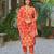 Orange printed cotton blend kurta pant set with printed faux georgette dupatta