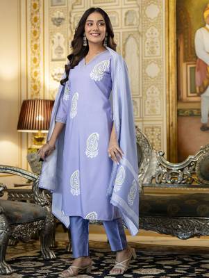 Purple printed rayon kurta pant set with printed chanderi cotton dupatta 2