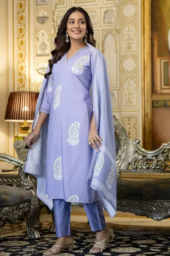 Purple printed rayon kurta pant set with printed chanderi cotton dupatta