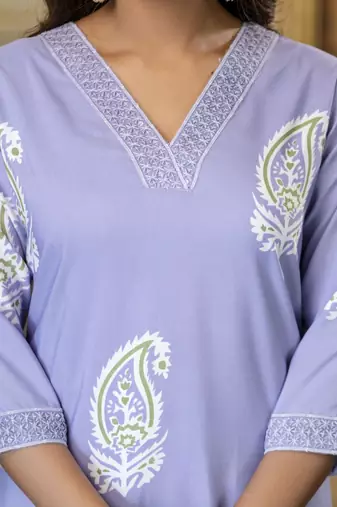 Purple printed rayon kurta pant set with printed chanderi cotton dupatta