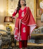 Red printed rayon kurta pant set with printed chanderi cotton dupatta