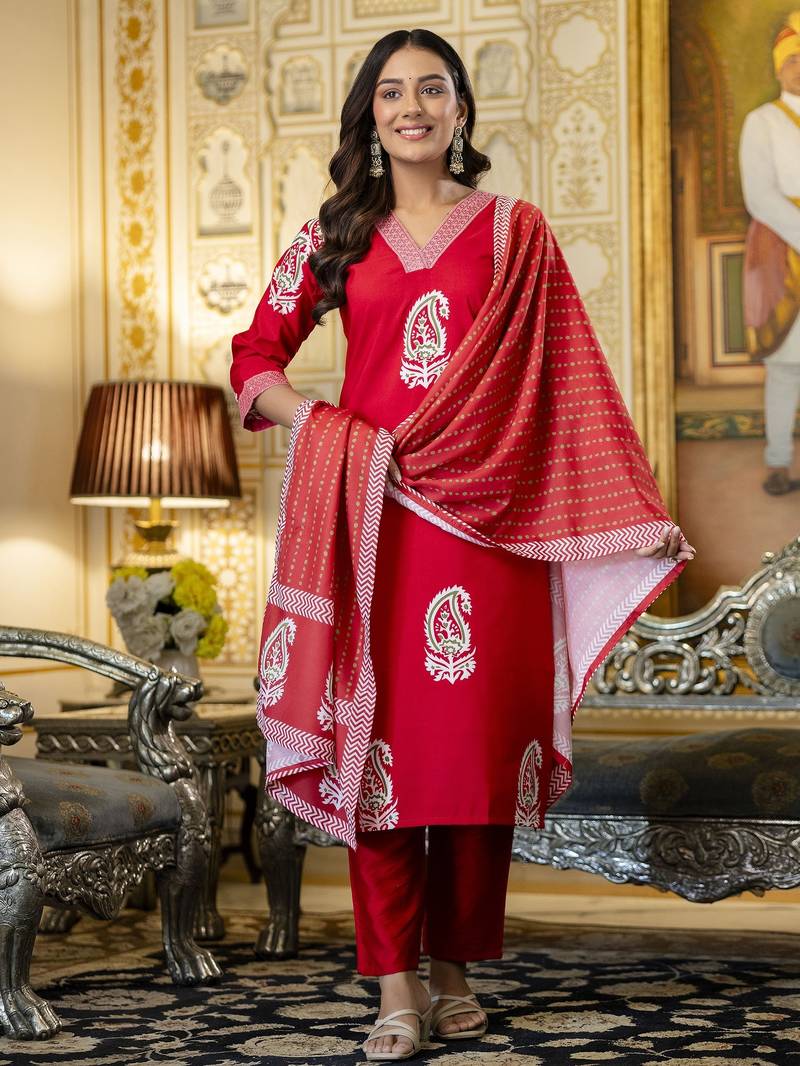 Red printed rayon kurta pant set with printed chanderi cotton dupatta