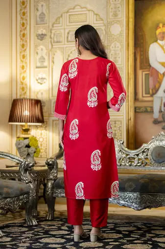 Red printed rayon kurta pant set with printed chanderi cotton dupatta