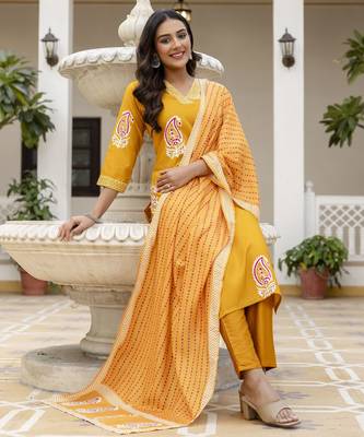 Yellow printed rayon kurta pant set with printed chanderi cotton dupatta 1