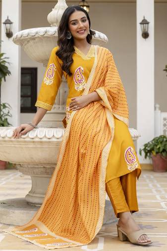 Yellow printed rayon kurta pant set with printed chanderi cotton dupatta