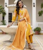 Yellow printed rayon kurta pant set with printed chanderi cotton dupatta