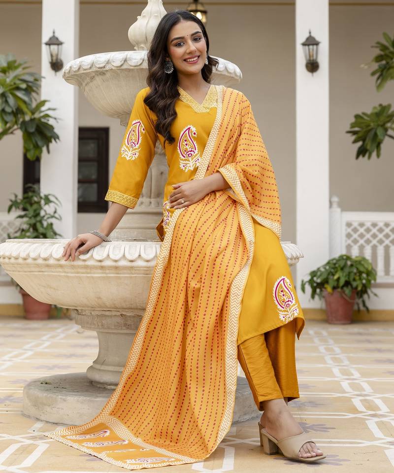 Yellow printed rayon kurta pant set with printed chanderi cotton dupatta