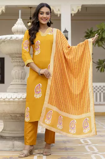 Yellow printed rayon kurta pant set with printed chanderi cotton dupatta