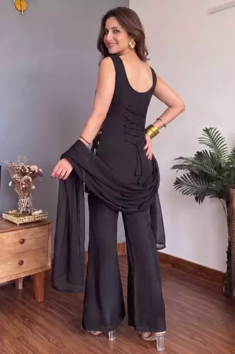 Black embroidered faux georgette kurta palazzo set with dupatta