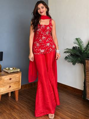 Red embroidered faux georgette kurta palazzo set with dupatta 1