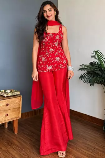 Red embroidered faux georgette kurta palazzo set with dupatta