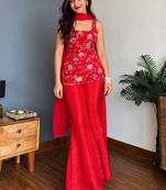Red embroidered faux georgette kurta palazzo set with dupatta