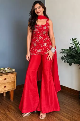 Red embroidered faux georgette kurta palazzo set with dupatta