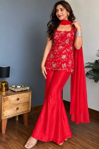 Red embroidered faux georgette kurta palazzo set with dupatta