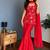 Red embroidered faux georgette kurta palazzo set with dupatta