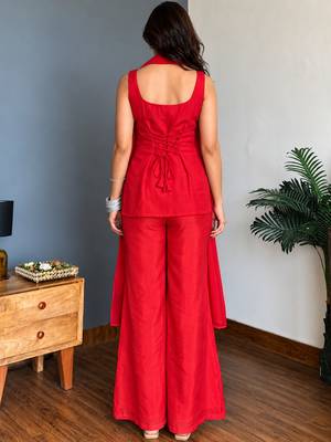 Red embroidered faux georgette kurta palazzo set with dupatta 4