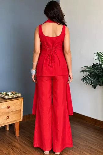 Red embroidered faux georgette kurta palazzo set with dupatta