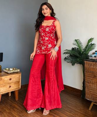 Red embroidered faux georgette kurta palazzo set with dupatta 5