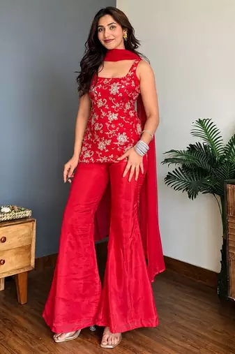 Red embroidered faux georgette kurta palazzo set with dupatta