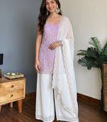 Lavender & off-white embroidered faux georgette short kurta palazzo set with embroidered dupatta