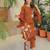 Brown printed rayon slub kurta set with gadhwal silk pants and chanderi dupatta