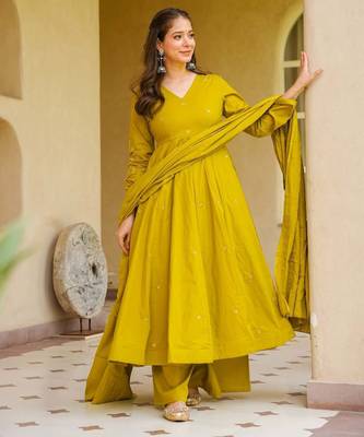 Yellow embroidered viscose chanderi anarkali gown with palazzo and embellished dupatta set 1