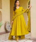Yellow embroidered viscose chanderi anarkali gown with palazzo and embellished dupatta set