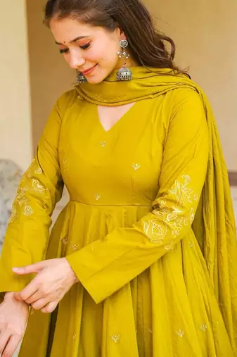 Yellow embroidered viscose chanderi anarkali gown with palazzo and embellished dupatta set
