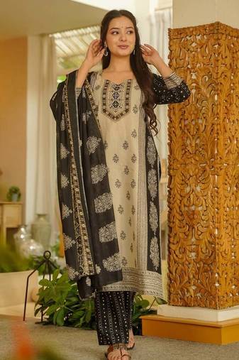 Black block printed rayon slub straight kurta pant set with printed chanderi cotton dupatta