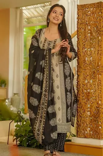 Black block printed rayon slub straight kurta pant set with printed chanderi cotton dupatta